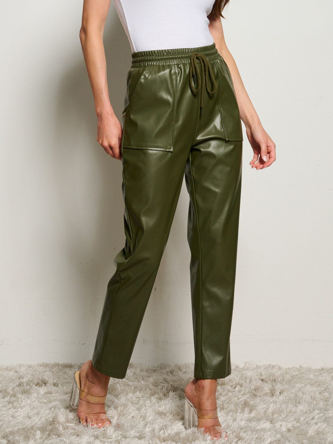 WOMEN'S ELASTIC WAIST POCKETS PU PLEATHER PANTS