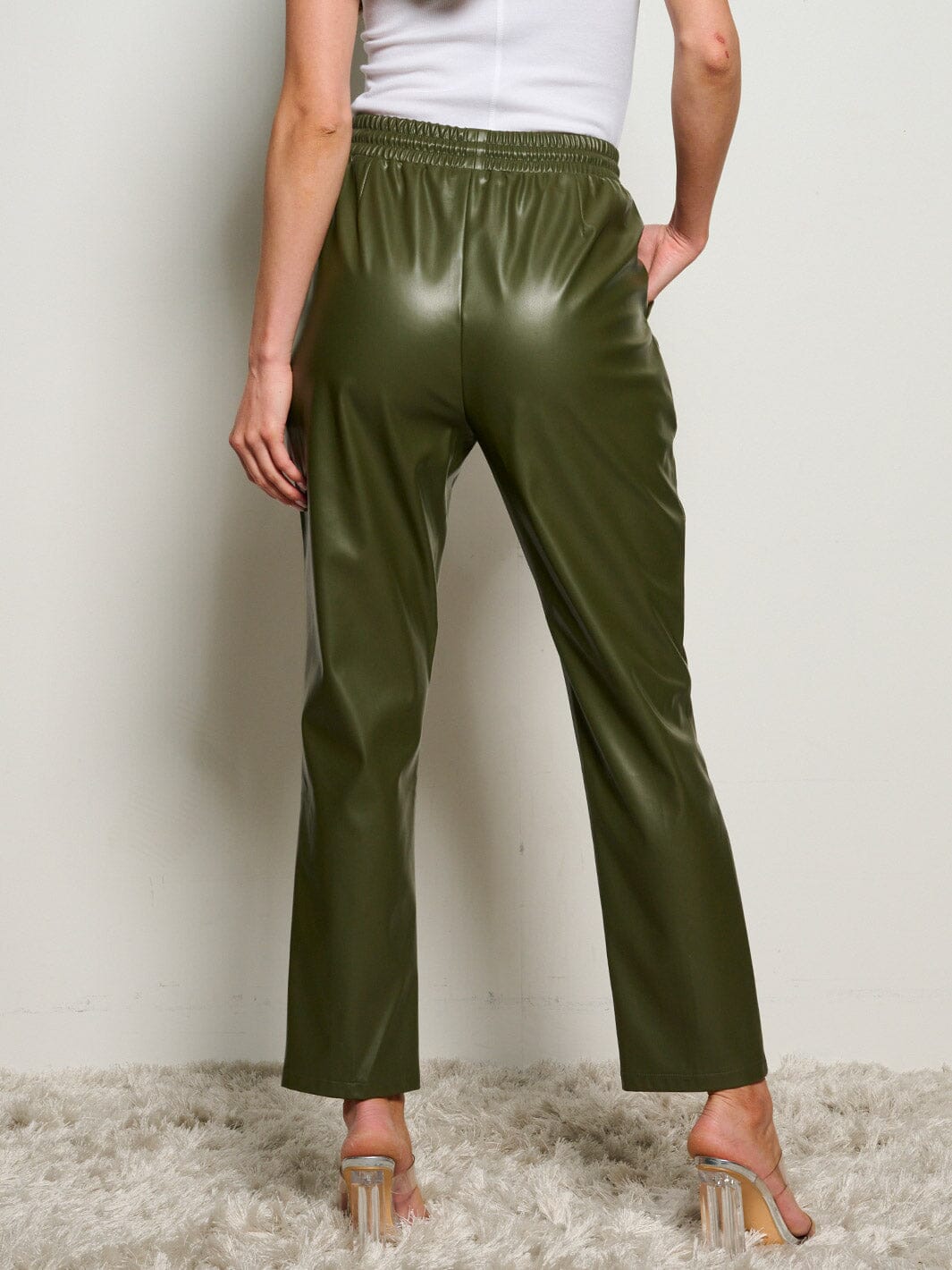 WOMEN'S ELASTIC WAIST POCKETS PU PLEATHER PANTS