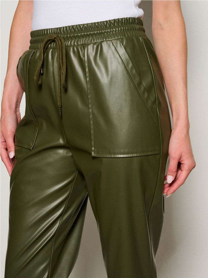 WOMEN'S ELASTIC WAIST POCKETS PU PLEATHER PANTS