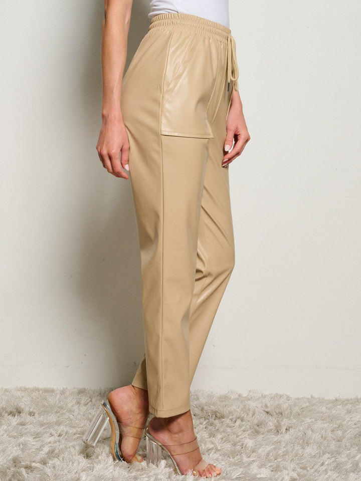 WOMEN'S ELASTIC WAIST POCKETS PU PLEATHER PANTS