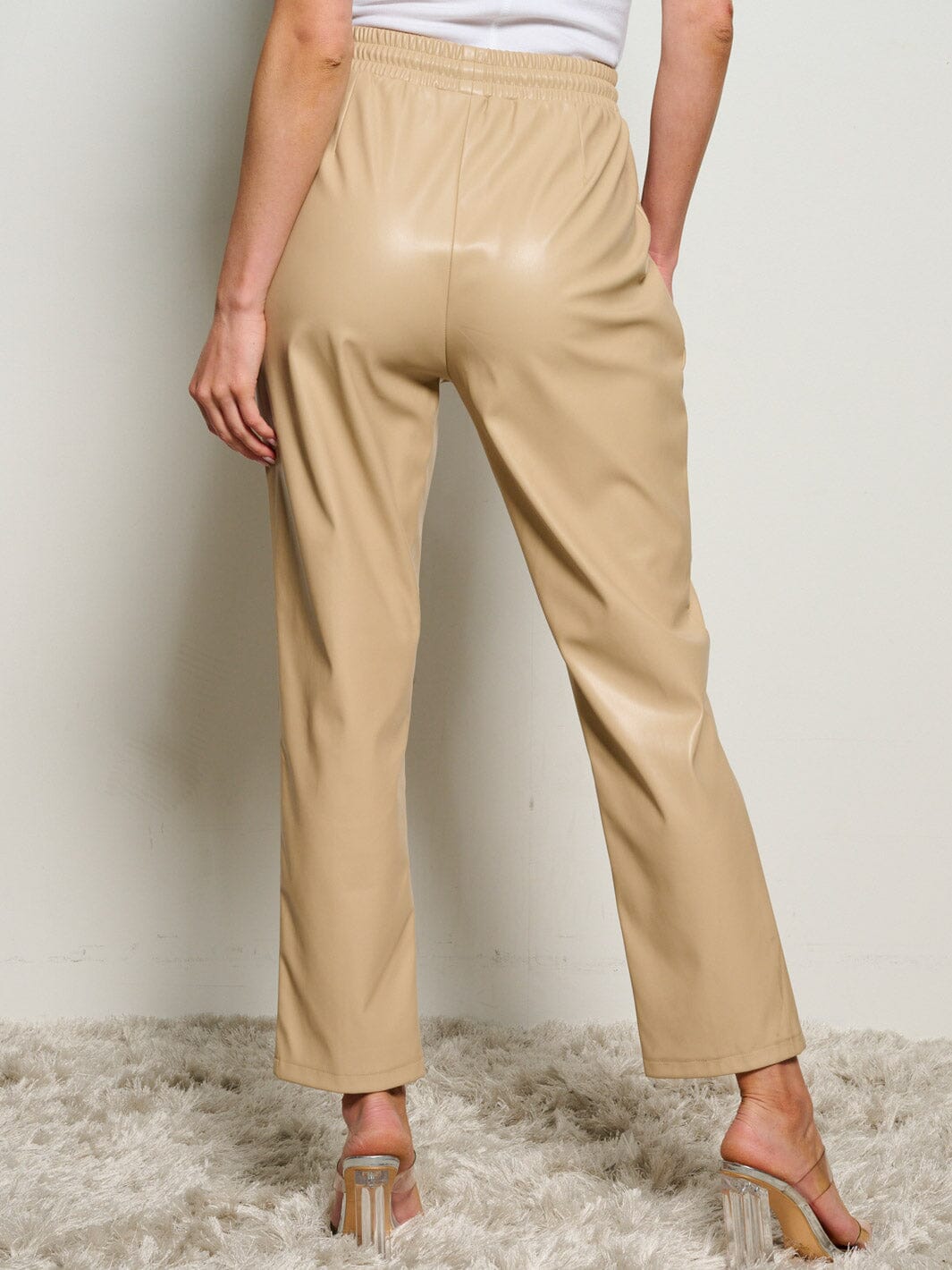 WOMEN'S ELASTIC WAIST POCKETS PU PLEATHER PANTS