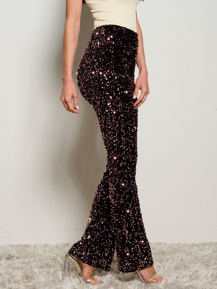 WOMEN'S ZIP UP SEQUINS WIDE LEG PANTS
