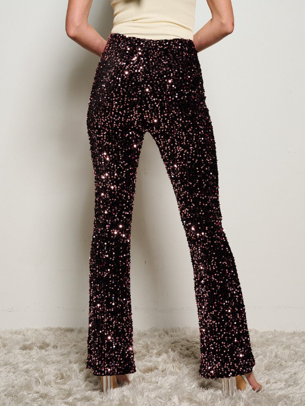 WOMEN'S ZIP UP SEQUINS WIDE LEG PANTS