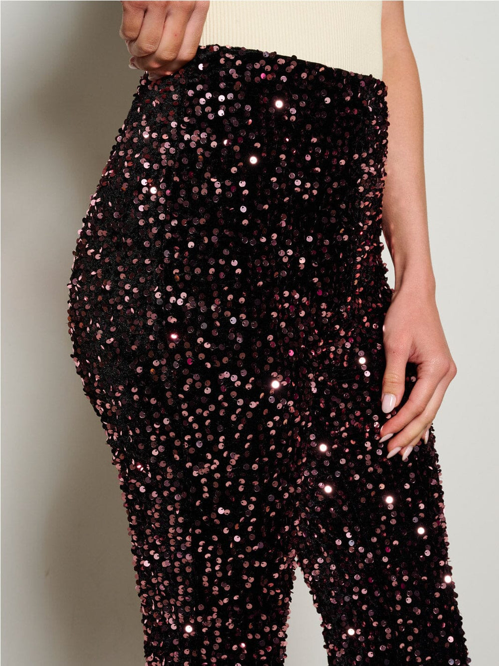 WOMEN'S ZIP UP SEQUINS WIDE LEG PANTS