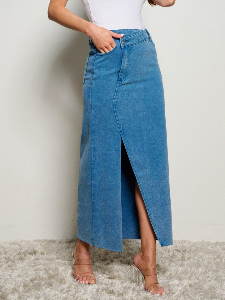 WOMEN'S ASYMETRICAL BUTTON CLOSURE POCKETS FRONT SLIT MAXI PENCIL SKIRT