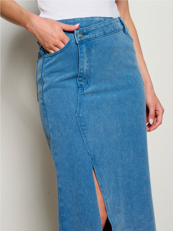 WOMEN'S ASYMETRICAL BUTTON CLOSURE POCKETS FRONT SLIT MAXI PENCIL SKIRT
