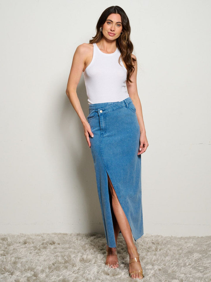 WOMEN'S ASYMETRICAL BUTTON CLOSURE POCKETS FRONT SLIT MAXI PENCIL SKIRT