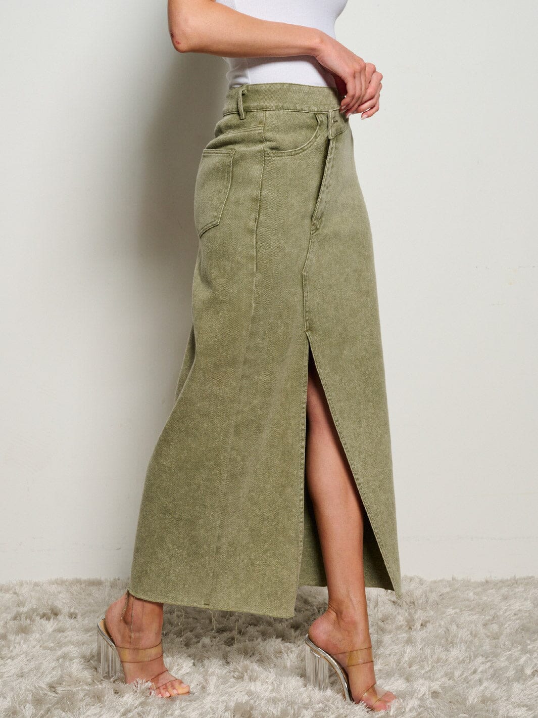 WOMEN'S ASYMETRICAL BUTTON CLOSURE POCKETS FRONT SLIT MAXI PENCIL SKIRT