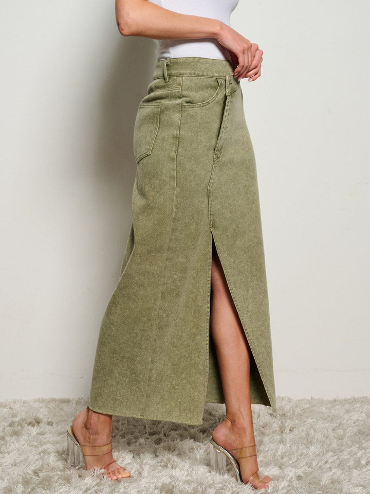 WOMEN'S ASYMETRICAL BUTTON CLOSURE POCKETS FRONT SLIT MAXI PENCIL SKIRT