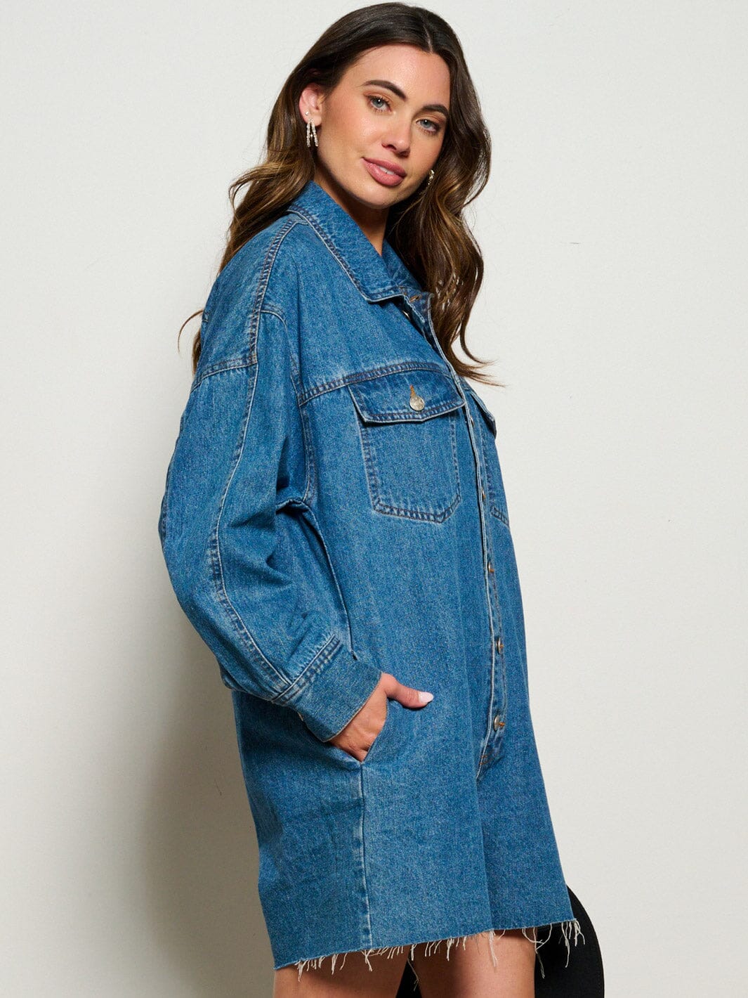 WOMEN'S LONG SLEEVE POCKETS BUTTON UP DENIM ROMPER
