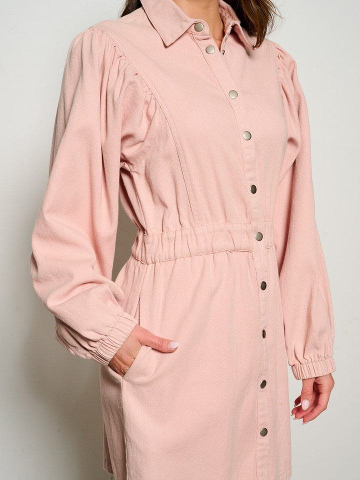 WOMEN'S LONG SLEEVE BUTTON UP FRONT POCKETS DENIM MINI DRESS