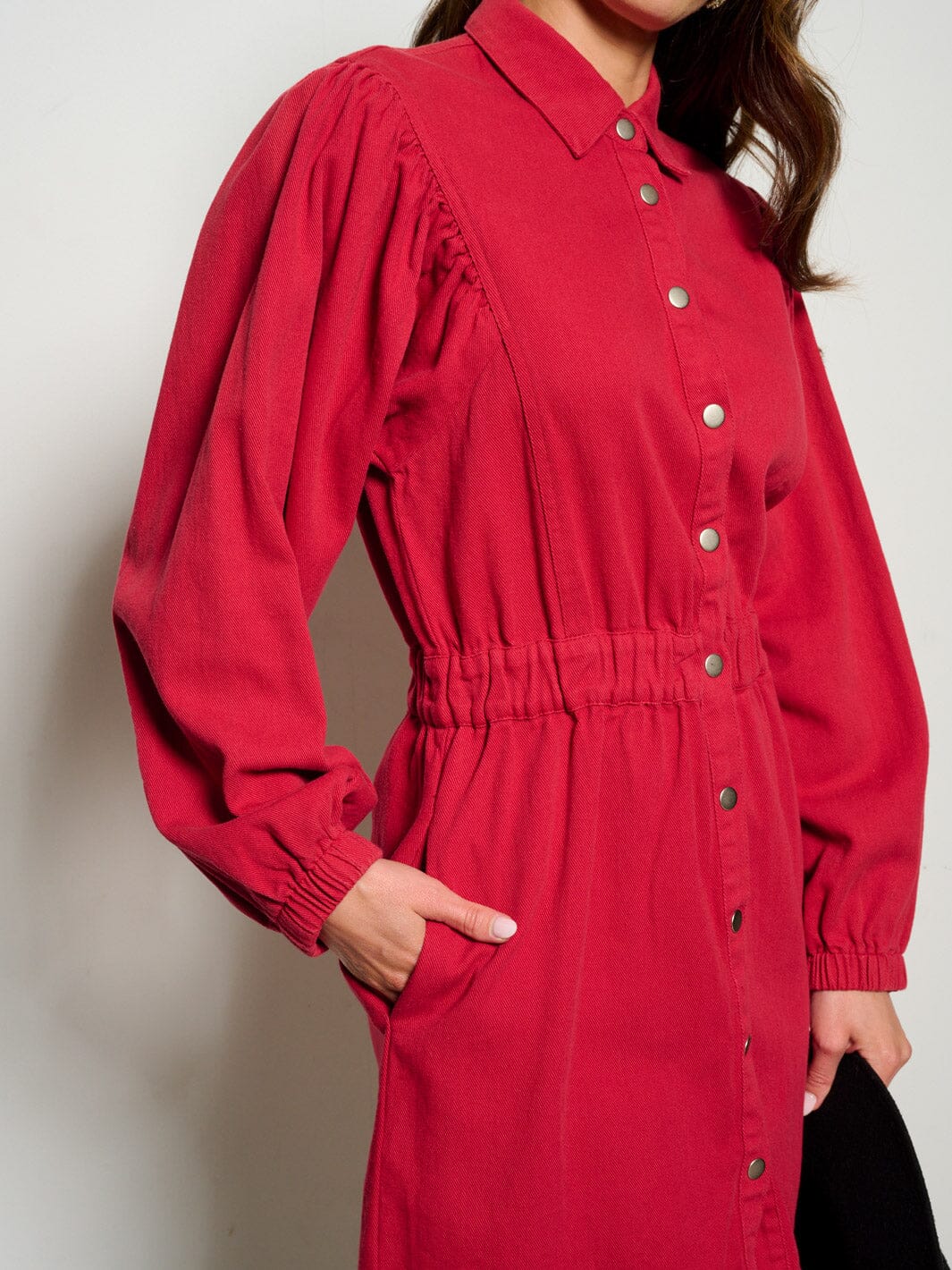 WOMEN'S LONG SLEEVE BUTTON UP FRONT POCKETS DENIM MINI DRESS