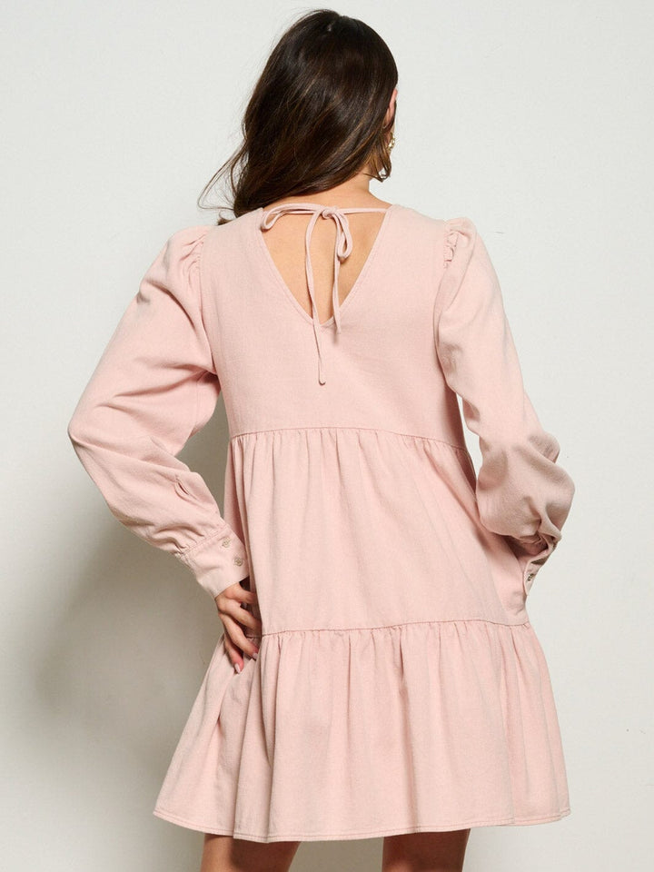 WOMEN'S LONG SLEEVE POCKETS TIERED DENIM MINI DRESS