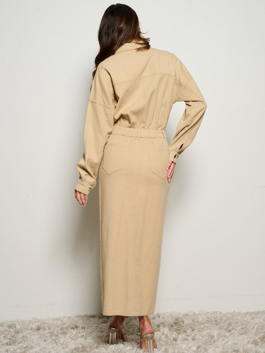 WOMEN'S LONG SLEEVE POCKETS BUTTON UP DENIM MAXI DRESS