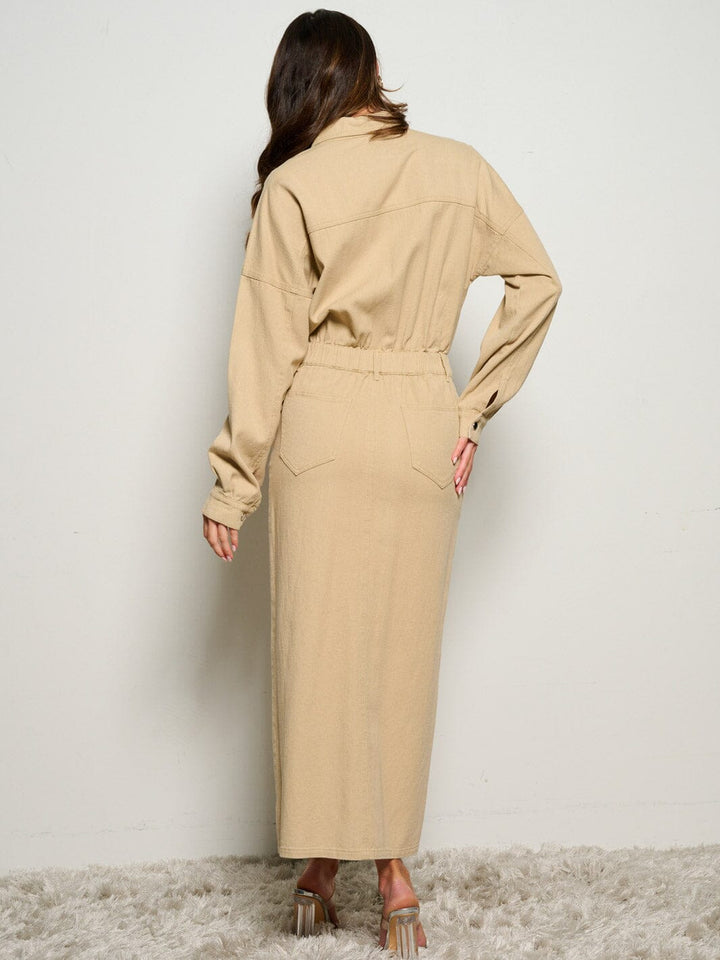 WOMEN'S LONG SLEEVE POCKETS BUTTON UP DENIM MAXI DRESS