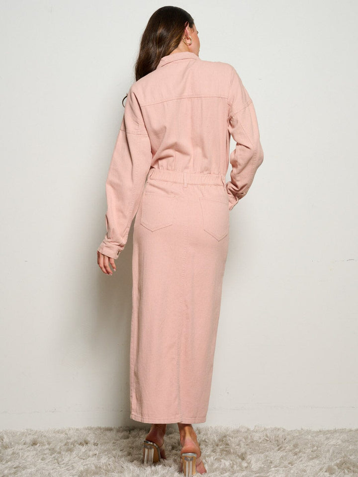WOMEN'S LONG SLEEVE POCKETS BUTTON UP DENIM MAXI DRESS