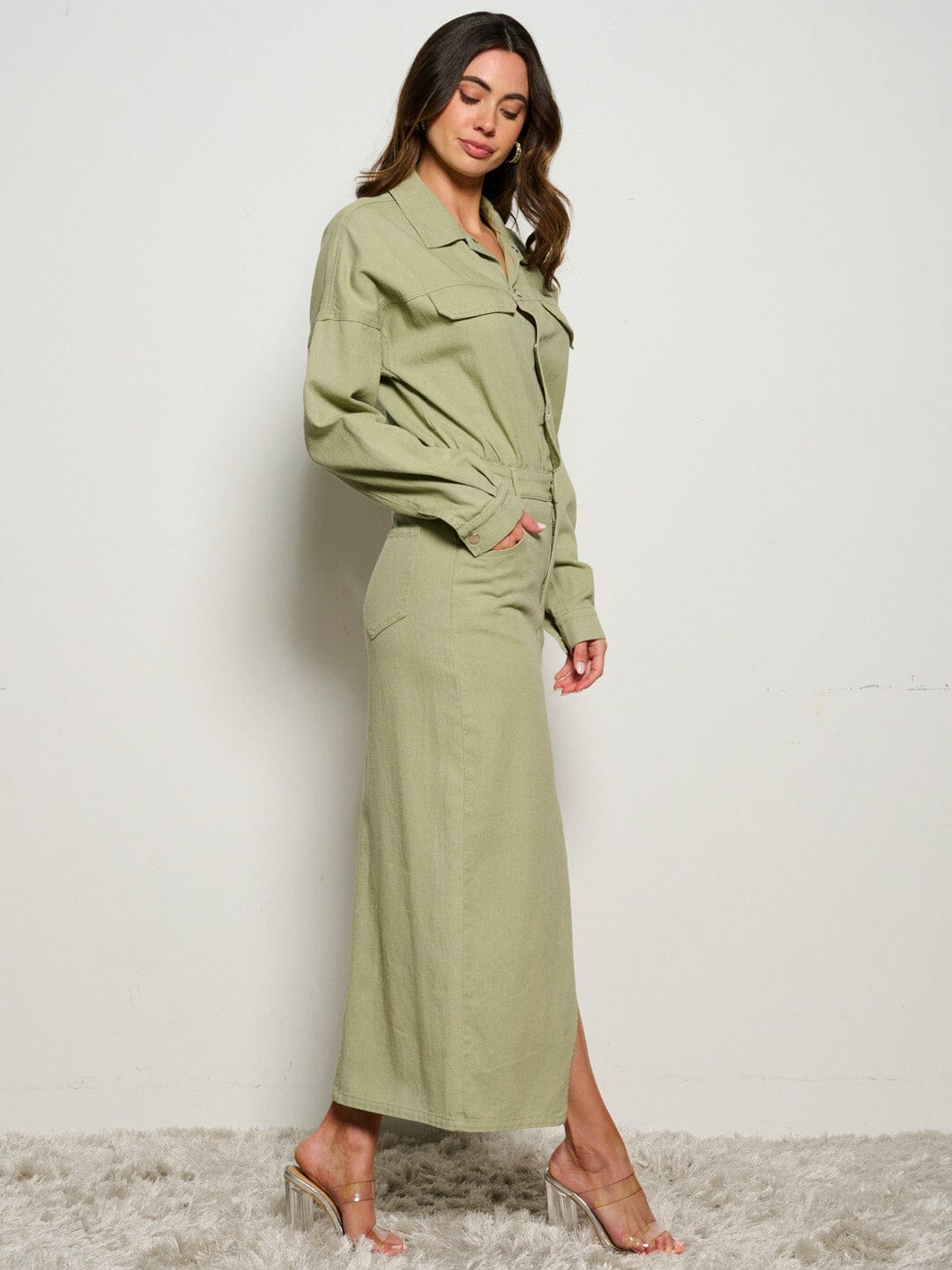 WOMEN'S LONG SLEEVE POCKETS BUTTON UP DENIM MAXI DRESS
