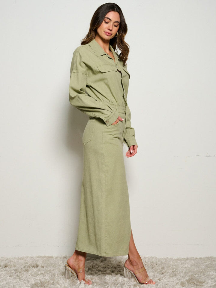 WOMEN'S LONG SLEEVE POCKETS BUTTON UP DENIM MAXI DRESS