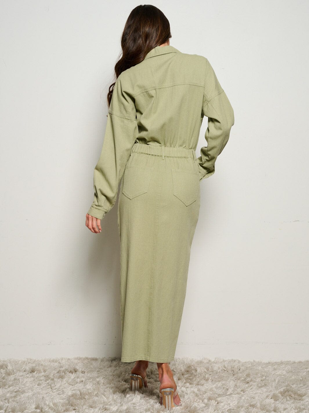 WOMEN'S LONG SLEEVE POCKETS BUTTON UP DENIM MAXI DRESS