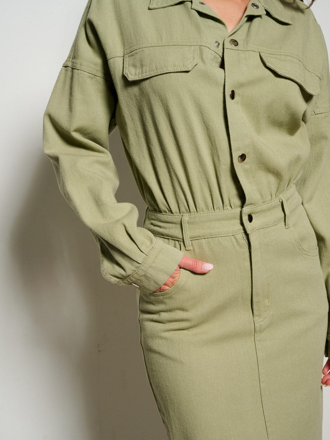 WOMEN'S LONG SLEEVE POCKETS BUTTON UP DENIM MAXI DRESS