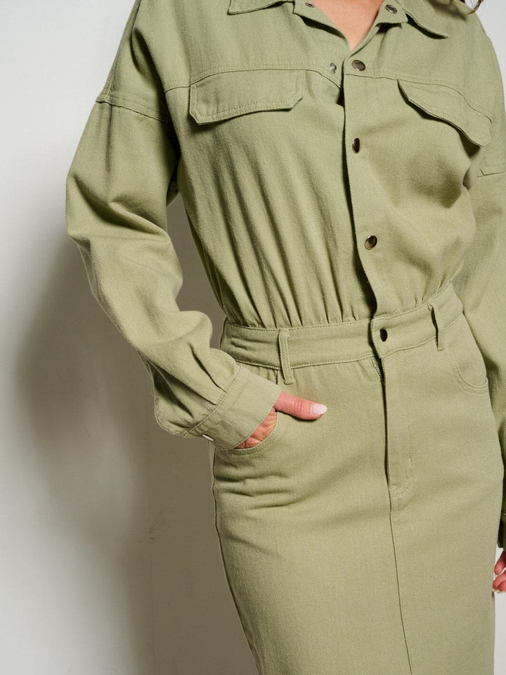 WOMEN'S LONG SLEEVE POCKETS BUTTON UP DENIM MAXI DRESS