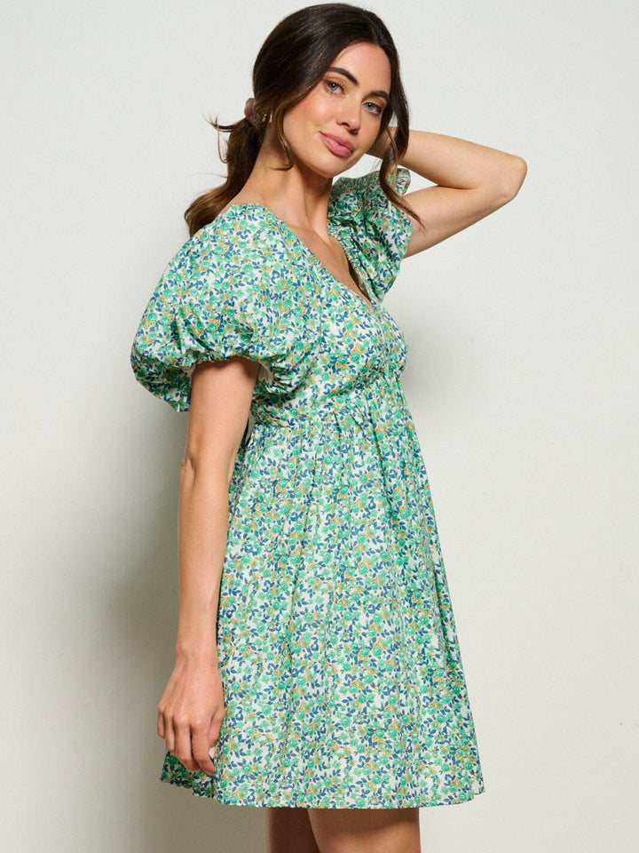 WOMEN'S SHORT PUFF SLEEVE V-NECK FLORAL MINI DRESS