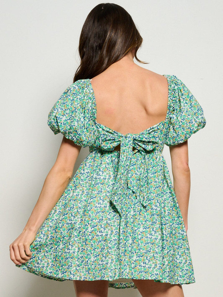 WOMEN'S SHORT PUFF SLEEVE V-NECK FLORAL MINI DRESS