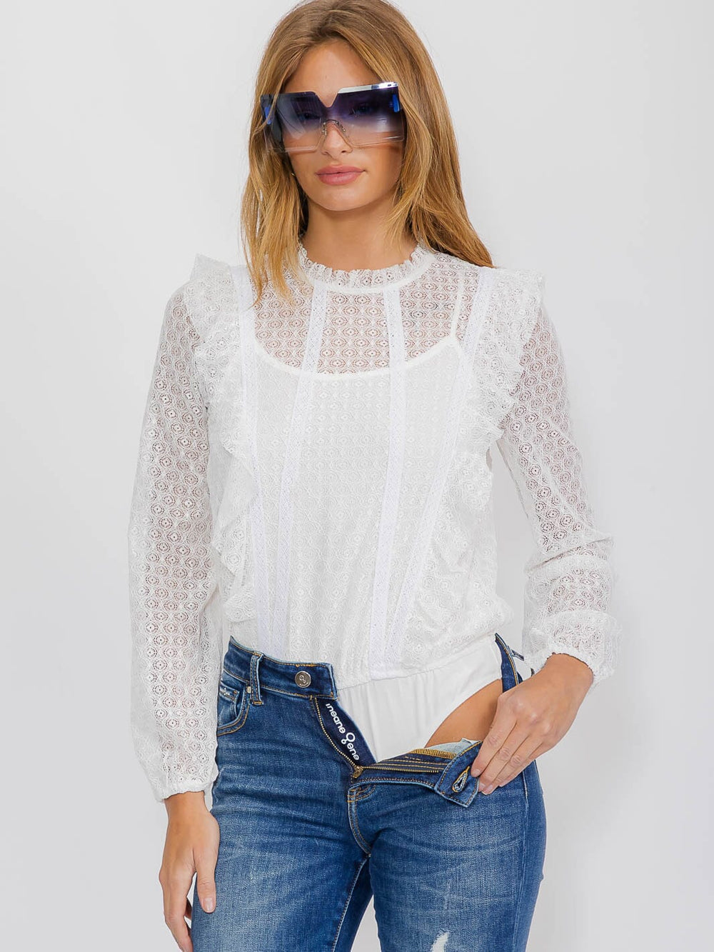 WOMEN'S LONG SLEEVE RUFFLE LACE BODYSUIT