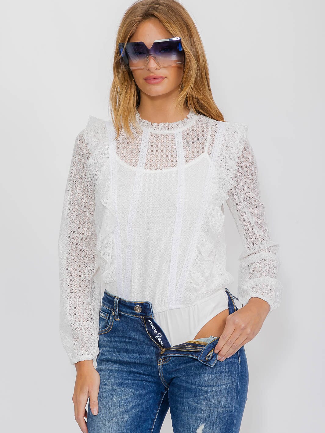 WOMEN'S LONG SLEEVE RUFFLE LACE BODYSUIT