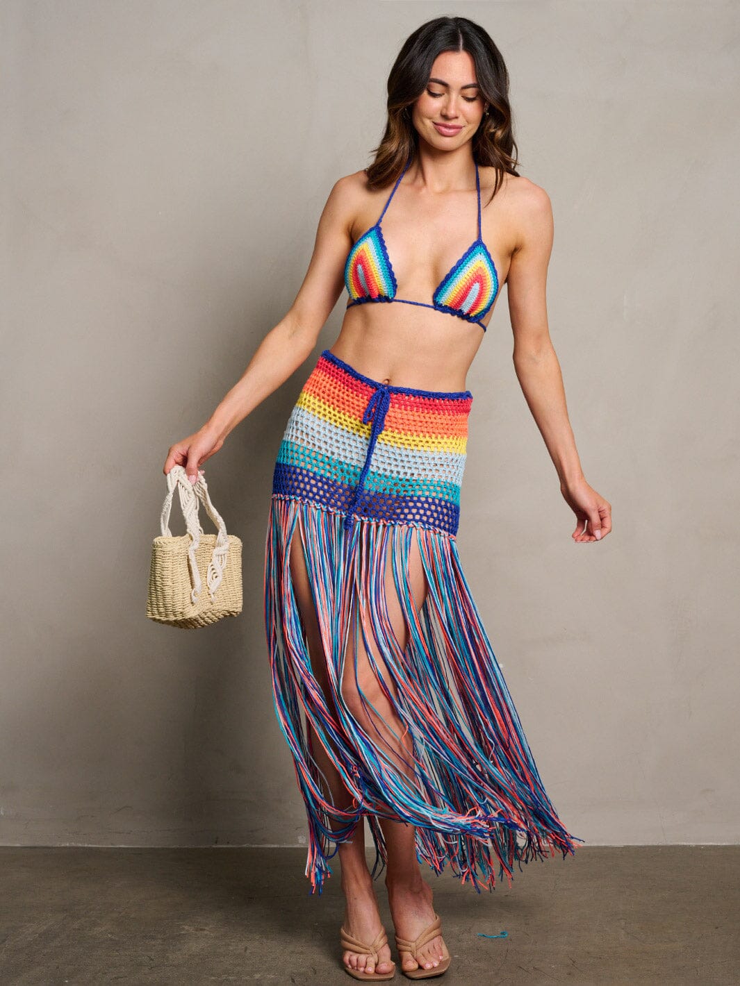 WOMEN'S SLEEVELES CROP TOP & SELF TIE FRINGE MAXI SKIRT COLORBLOCK 2PC. SET