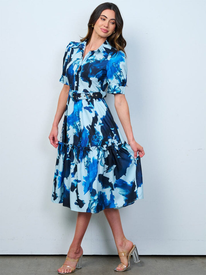 WOMEN'S SHORT SLEEVE BUTTON UP FRONT BELT MULTI PRINT MIDI DRESS