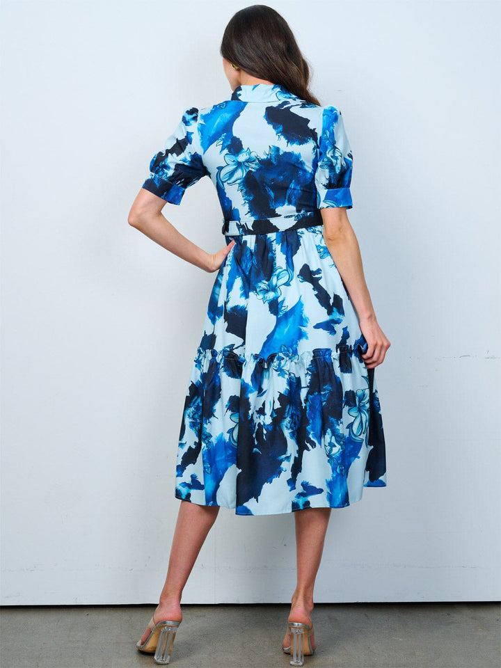 WOMEN'S SHORT SLEEVE BUTTON UP FRONT BELT MULTI PRINT MIDI DRESS