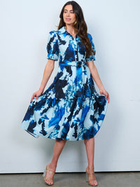 WOMEN'S SHORT SLEEVE BUTTON UP FRONT BELT MULTI PRINT MIDI DRESS