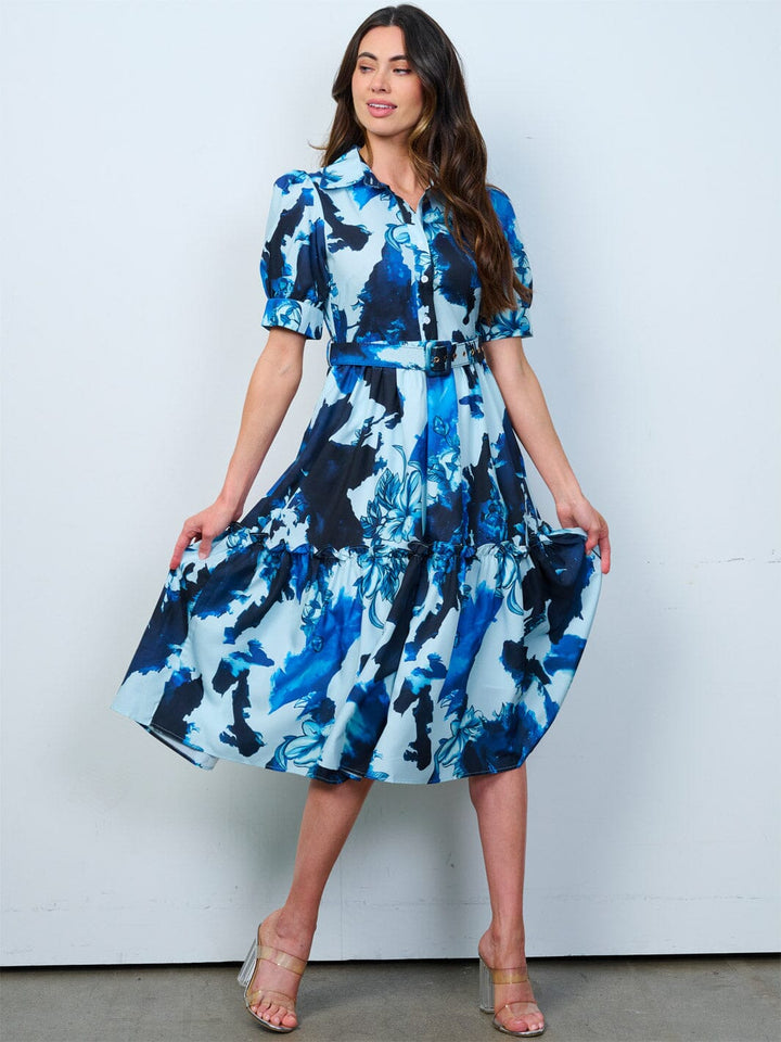 WOMEN'S SHORT SLEEVE BUTTON UP FRONT BELT MULTI PRINT MIDI DRESS