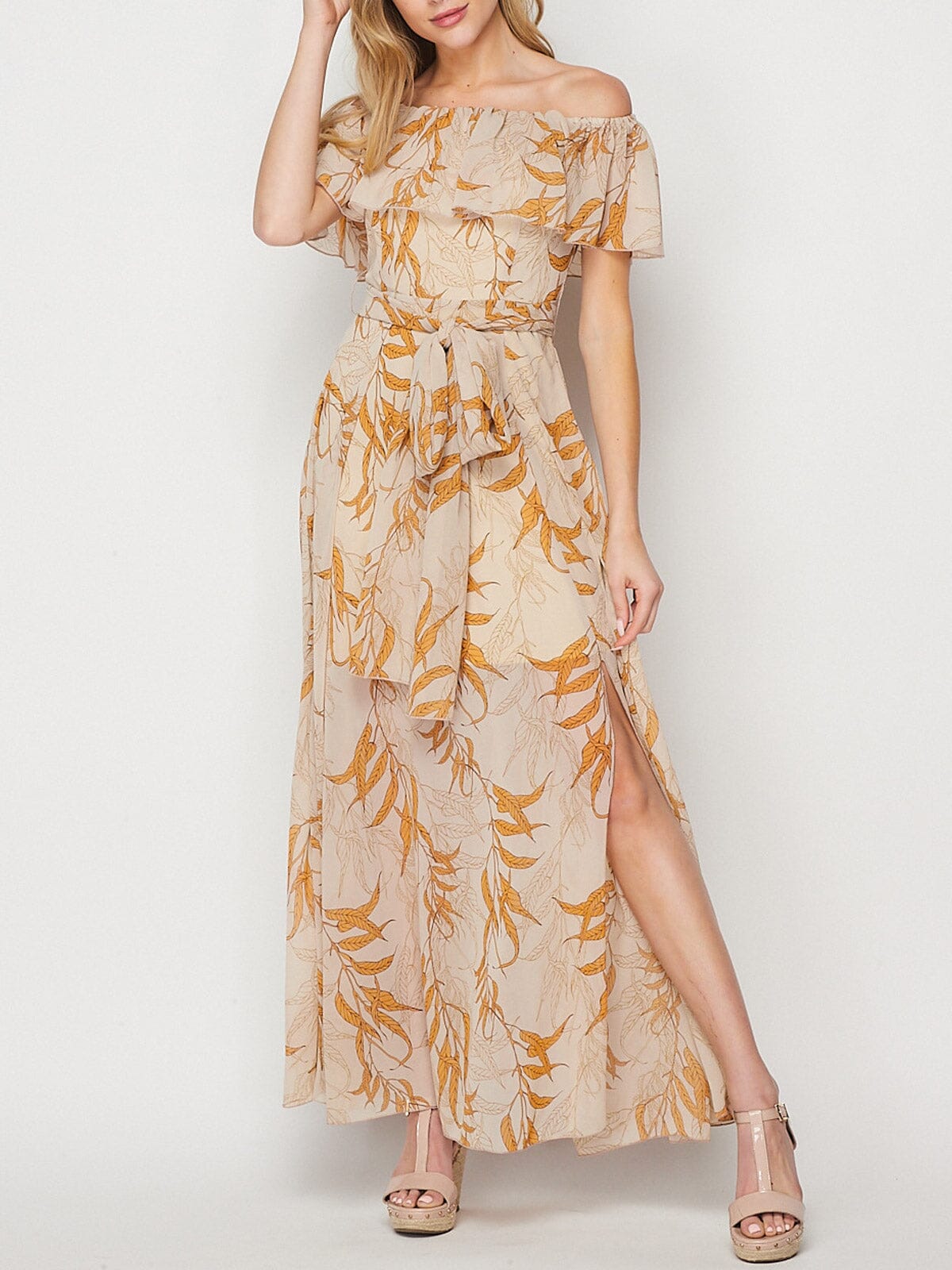 WOMEN'S OFF SHOULDER RUFFLE SELF TIE LEAF PRINT MAXI DRESS