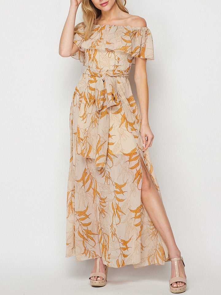 WOMEN'S OFF SHOULDER RUFFLE SELF TIE LEAF PRINT MAXI DRESS