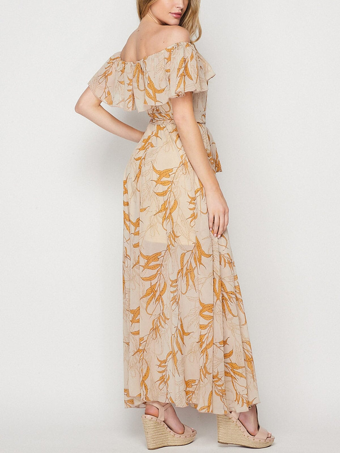 WOMEN'S OFF SHOULDER RUFFLE SELF TIE LEAF PRINT MAXI DRESS