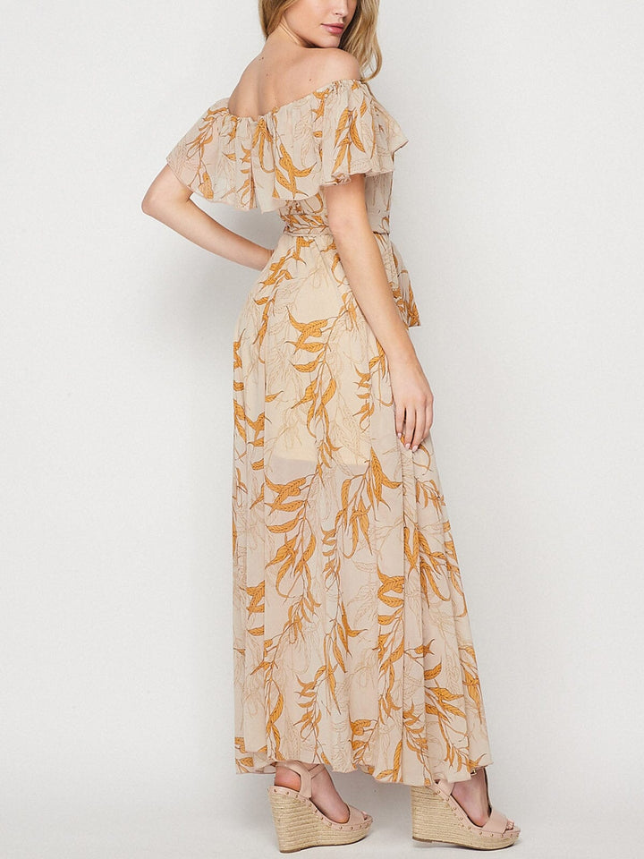 WOMEN'S OFF SHOULDER RUFFLE SELF TIE LEAF PRINT MAXI DRESS
