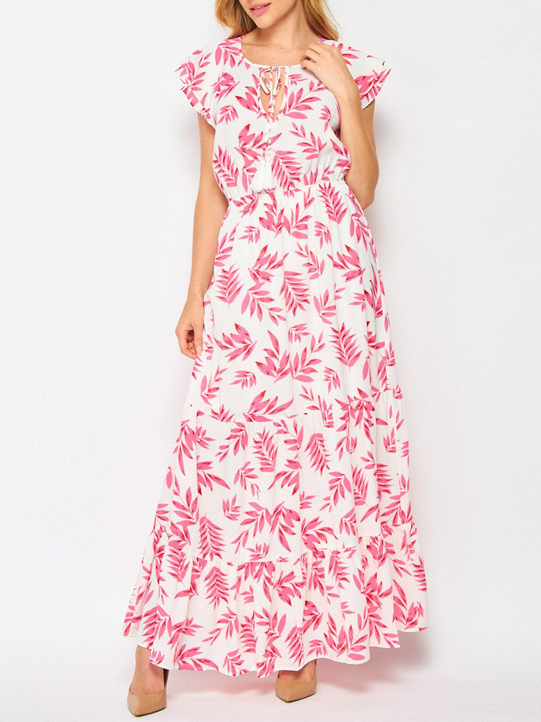 WOMEN'S RUFFLE SLEEVE TIERED LEAF PRINT MAXI DRESS