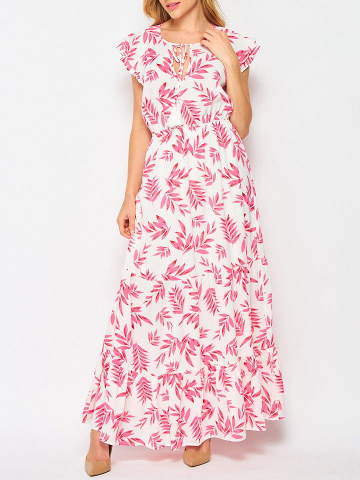WOMEN'S RUFFLE SLEEVE TIERED LEAF PRINT MAXI DRESS