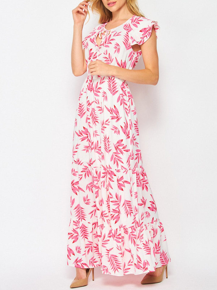 WOMEN'S RUFFLE SLEEVE TIERED LEAF PRINT MAXI DRESS