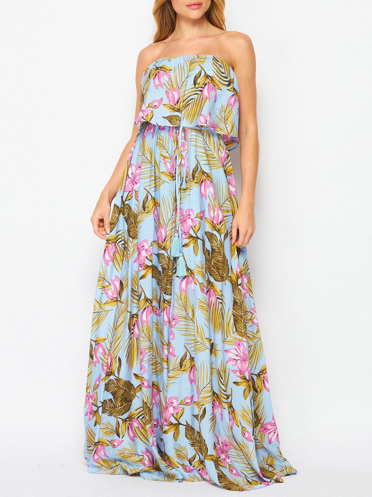 Long flared sleeve flower print self tie maxi dress main image 1