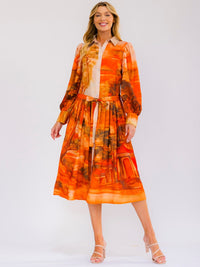 WOMEN'S LONG SLEEVE SELF TIE BUTTON UP MULTI PRINT MIDI DRESS
