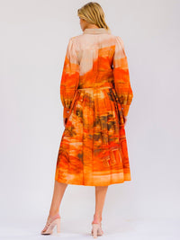 WOMEN'S LONG SLEEVE SELF TIE BUTTON UP MULTI PRINT MIDI DRESS