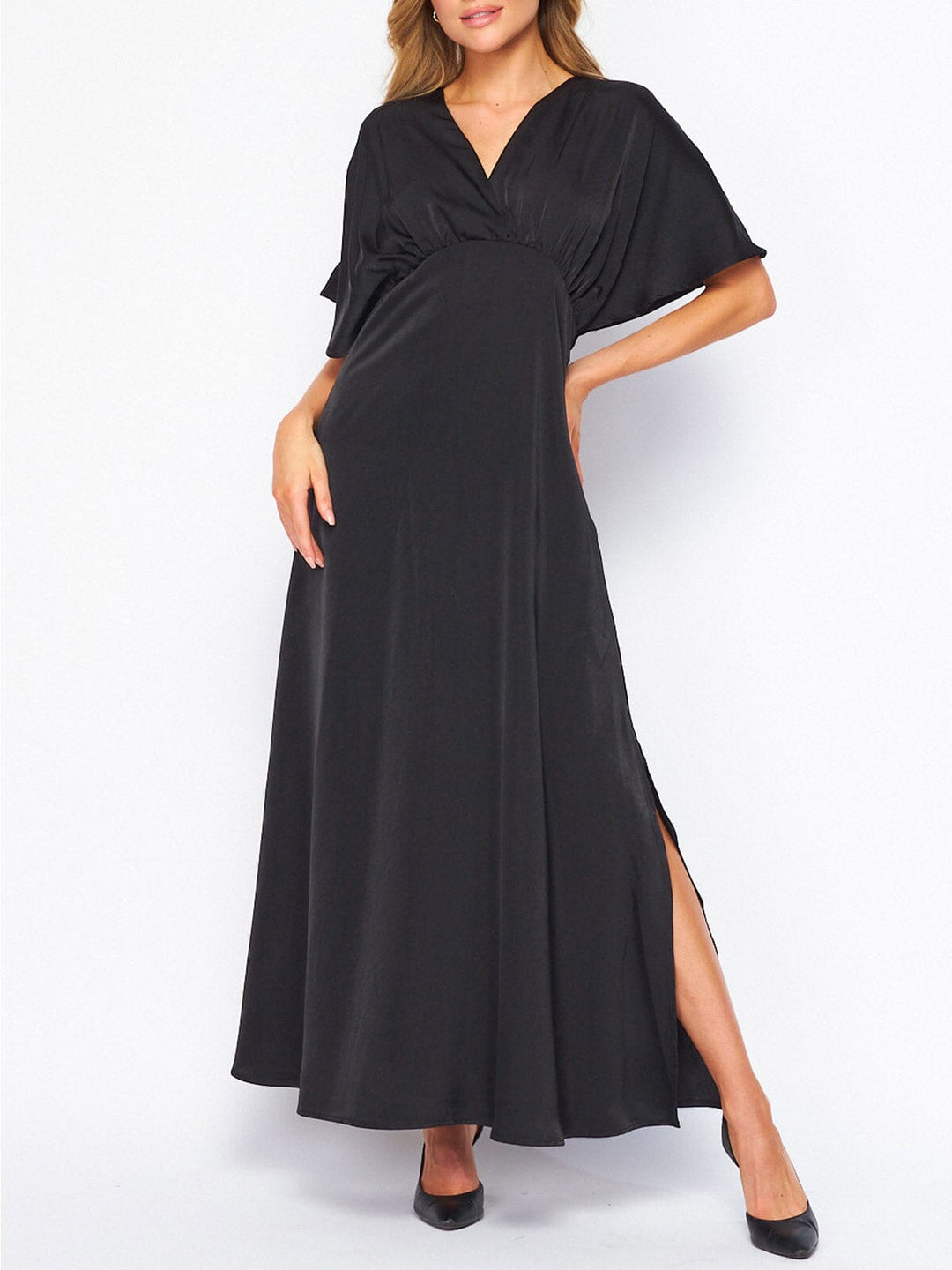 WOMEN'S SHORT SLEEVE V-NECK SIDE SLIT MAXI DRESS