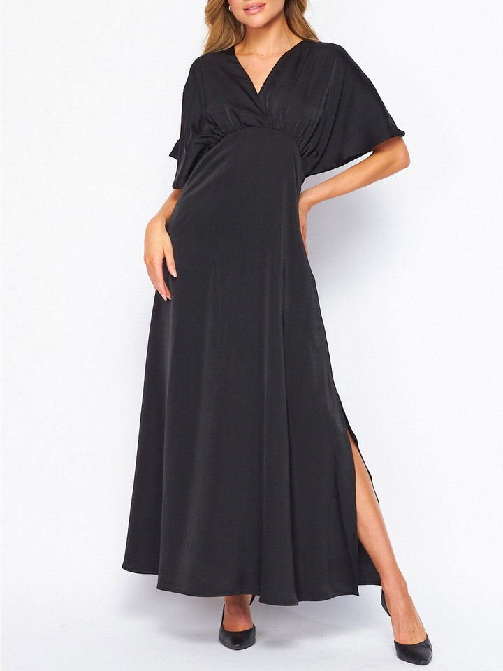 WOMEN'S SHORT SLEEVE V-NECK SIDE SLIT MAXI DRESS