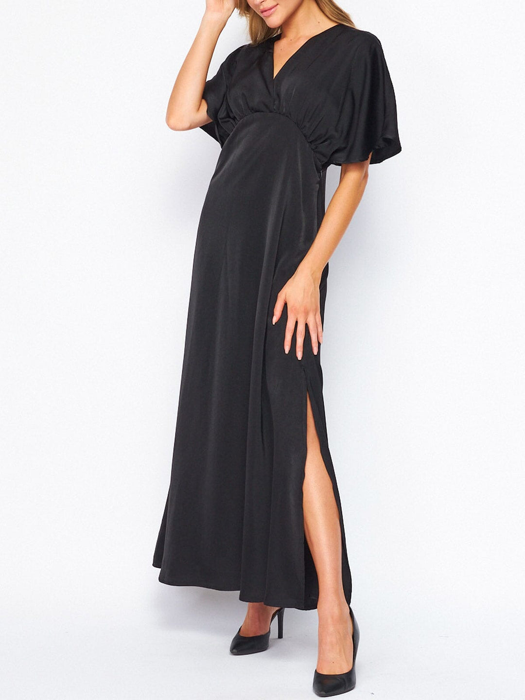 WOMEN'S SHORT SLEEVE V-NECK SIDE SLIT MAXI DRESS