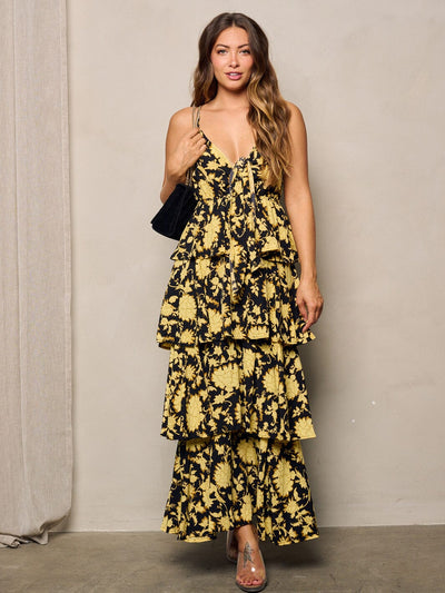 WOMEN'S SLEEVELESS FRONT TIE TIERED FLORAL MAXI DRESS