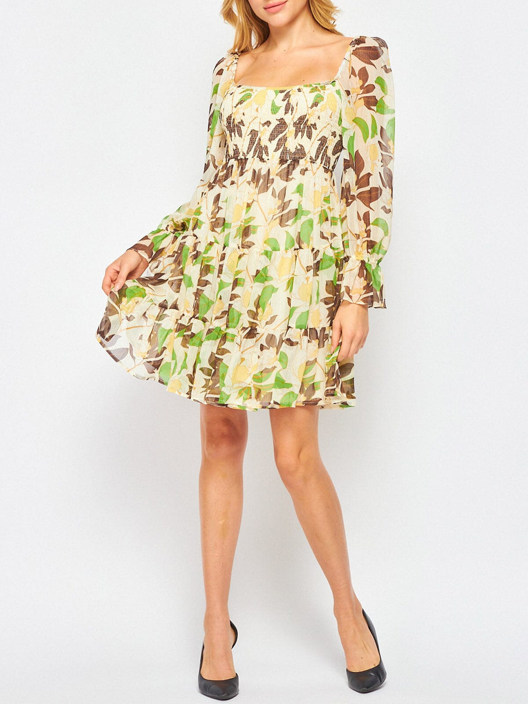 WOMEN'S LONG SLEEVE SMOCK FIT & FLARE FLORAL MINI DRESS