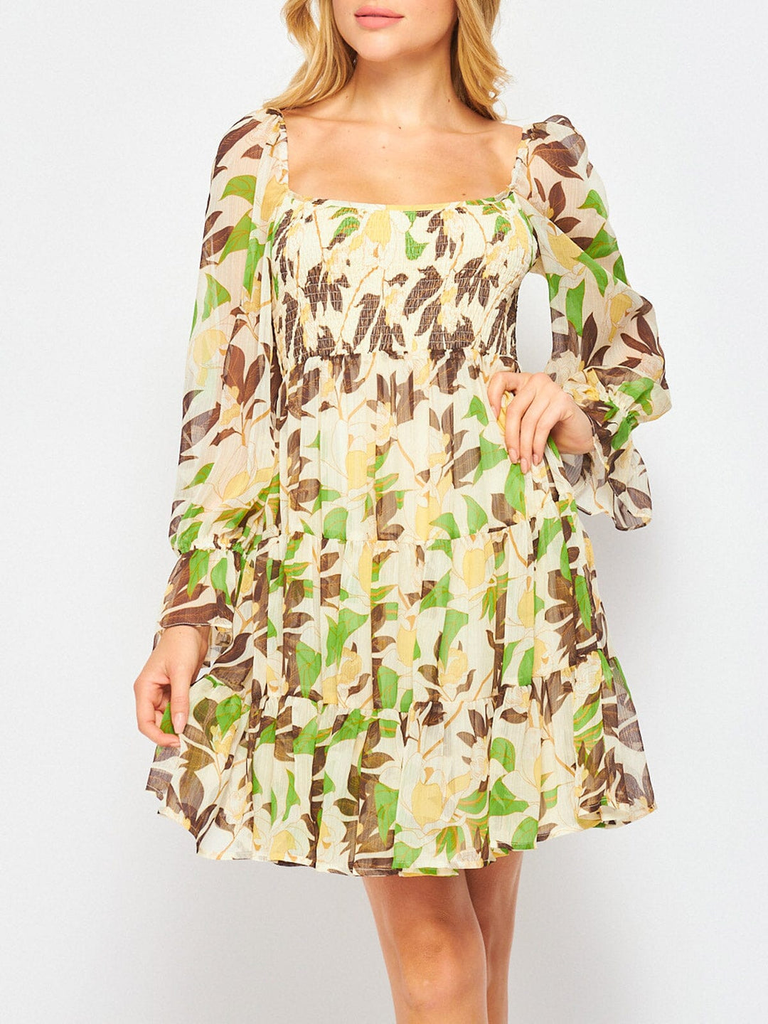 WOMEN'S LONG SLEEVE SMOCK FIT & FLARE FLORAL MINI DRESS